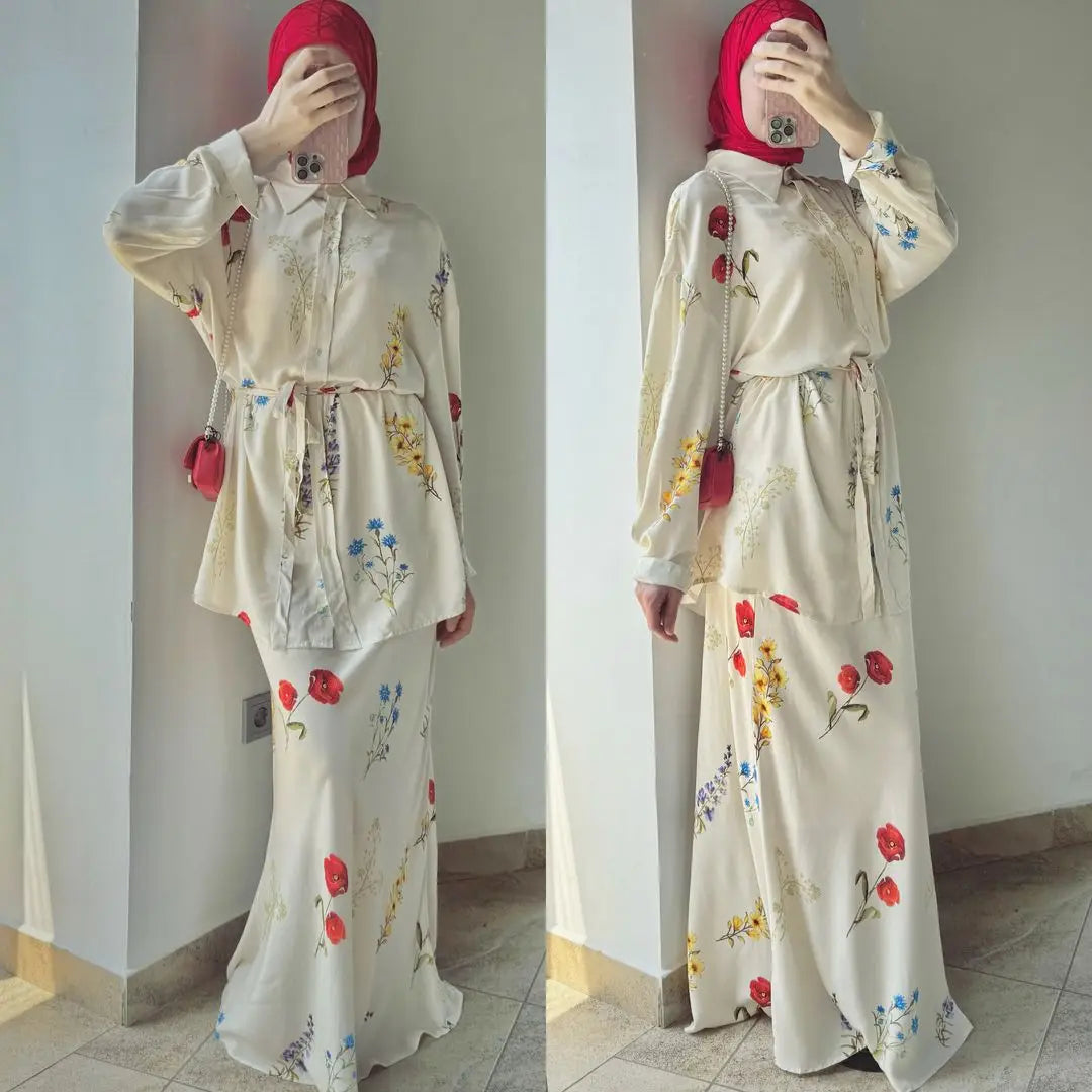 2 Piece Set Jalabiya Dubai Islam Lace Up Top Outfits Ensemble Abayas