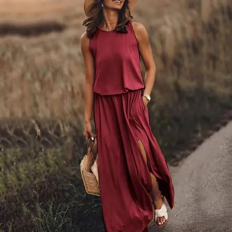 Women's Summer Sleeveless Maxi Dresses 2026 New Arrival Solid Color Casual Long Dress with Side Slit Dress for Ladies ﻿