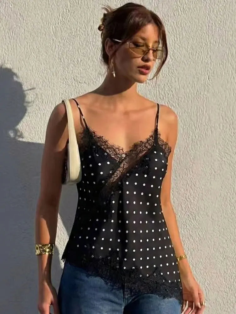 HH 2026 Summer Polka Dot Tops For Women Fashion High Street Asymmetrical Lace Patchwork Tanks Elegant Women Backless Camisole