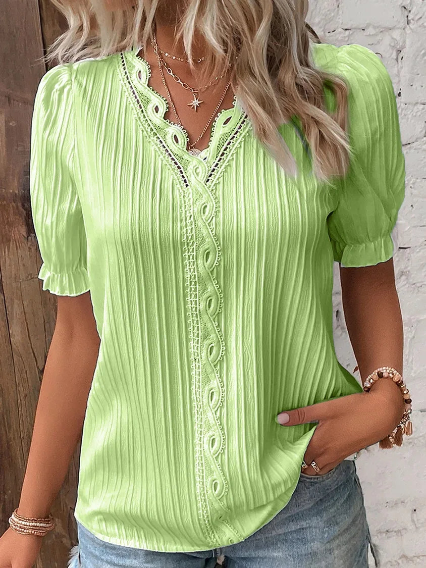 Top Solid Sexy V-Neck Hollow Short Sleeve Shirt Fashion Splice