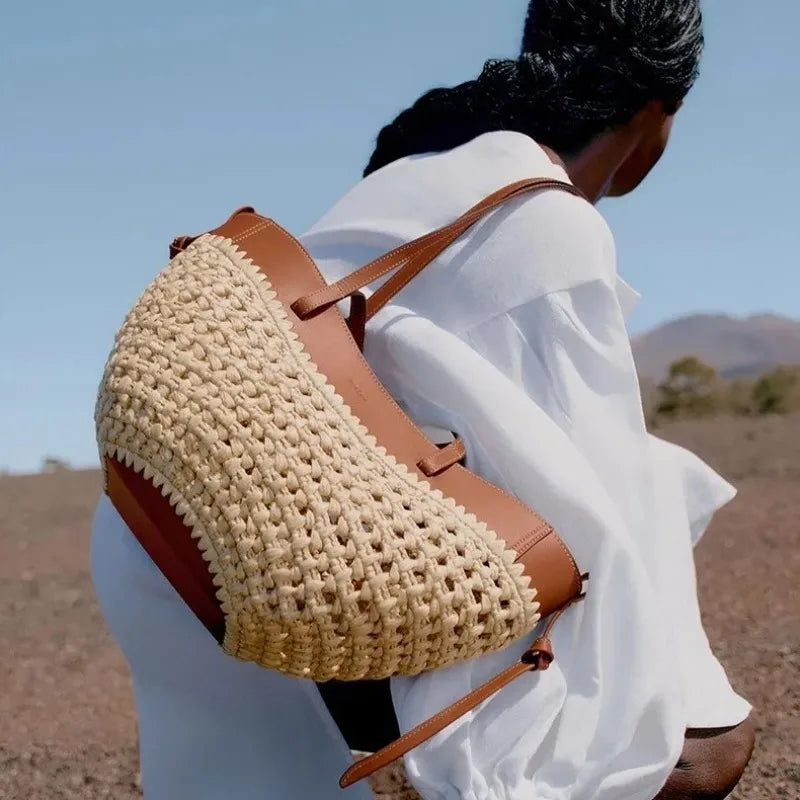 Women’s Woven Tote Bag, Large Capacity Straw Beach Handbag, Simple Casual Shoulder Bag for Summer