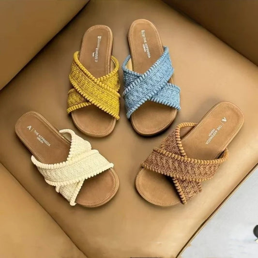 2026 New Arrival Women's Woven Cross Strap Slides – Casual Flat Sandals for Daily Street Style, Comfortable Footwear for Summer