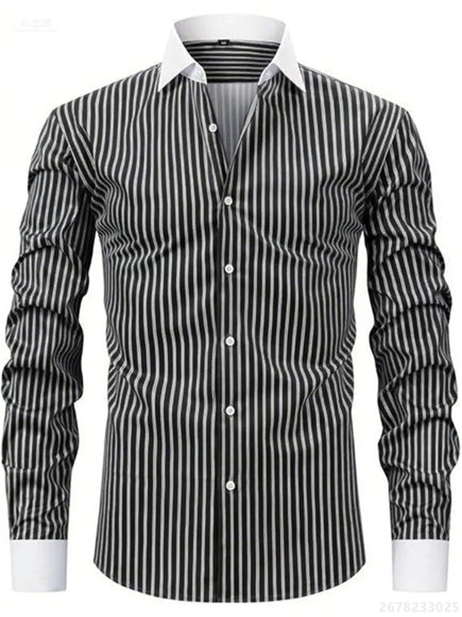 Men's shirts, long-sleeved lapel business formal button-down shirts, men's striped shirts, high-quality men's tops XS-6XL
