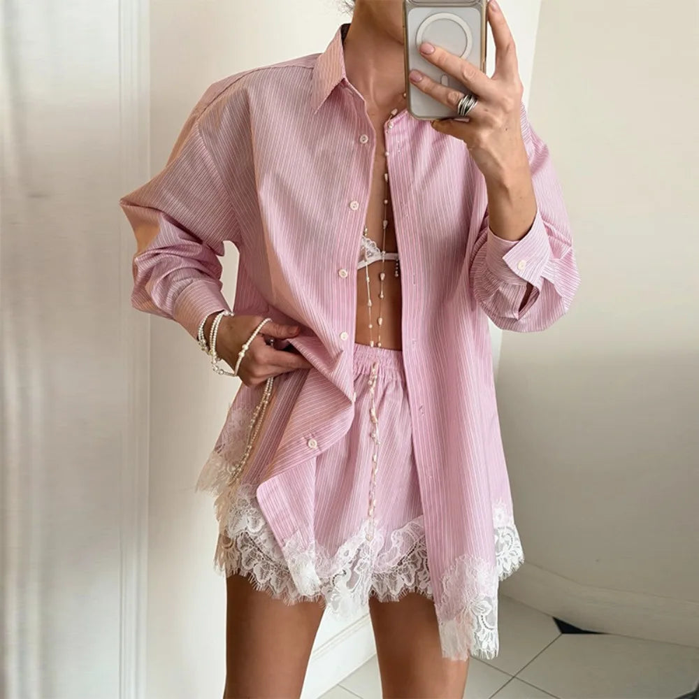 2026 New Summer Women's Lace Patchwork Shirt Shorts Two-piece