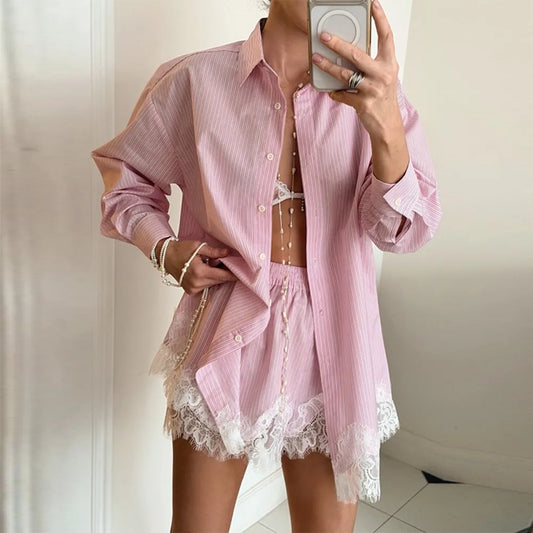 2026 New Summer Women's Lace Patchwork Shirt Shorts Two-piece