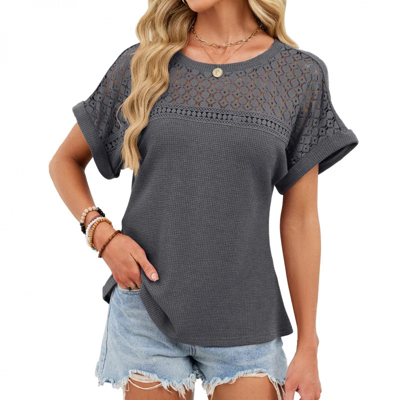 2026 Summer Elegant Lace Hollow Out Waffle Knit T Shirt Crew Neck Short Sleeve Summer Smart Casual Tops Office Lady