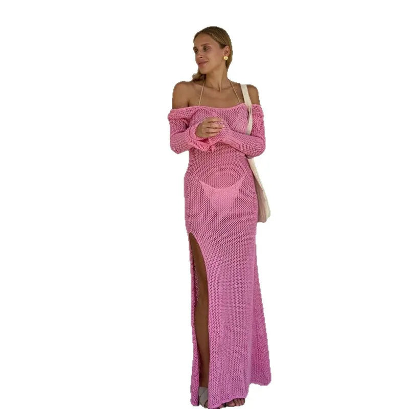 Side Slit Backless Knit Long Dress, Fashion Beach Vacation Long Sleeve Sun Protection Cover Up, All Seasons Fitted Plain Style