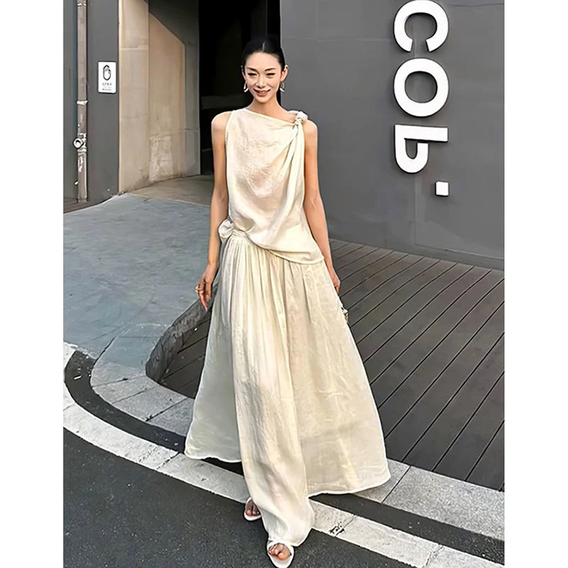 Summer 2025 Women's Knot Neckline Sleeveless Vest And Skirt Set Casual Stylish Half Body Fashion Ensemble Long Pants
