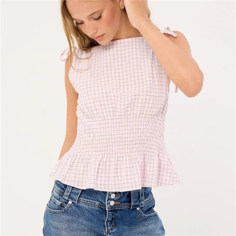 Women Summer Gingham Tie Shoulder Tank Top Y2k Vintage Sleeveless Shirred Ruffle Babydoll Shirt Cute Going Out Plaid Top