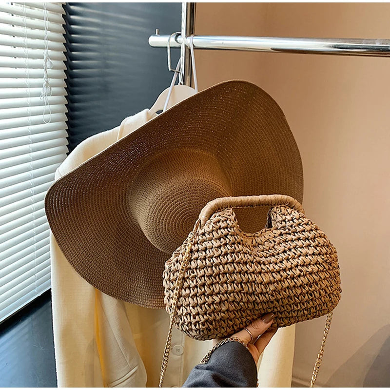 Woven Banquet Handbag Summer Bohemian Seaside Vacation Beach Bag Fashionable Advanced Clip Crossbody Bag Brand Women's Woven Bag