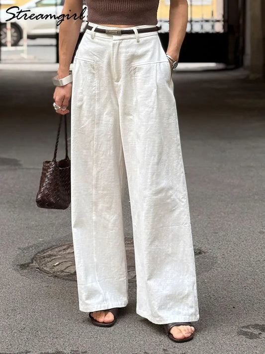White Wide Leg Cotton Linen Pants For Women Summer Ladies Pant Cotton Trousers Suit For Woman Elegant Straight Leg Office Pants