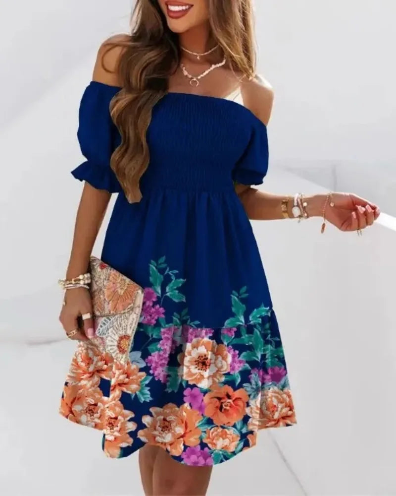 Women's Summer Short Sleeved Loose Bohemian Print Off Shoulder Pleated Mini Dress Party Dress Fashion