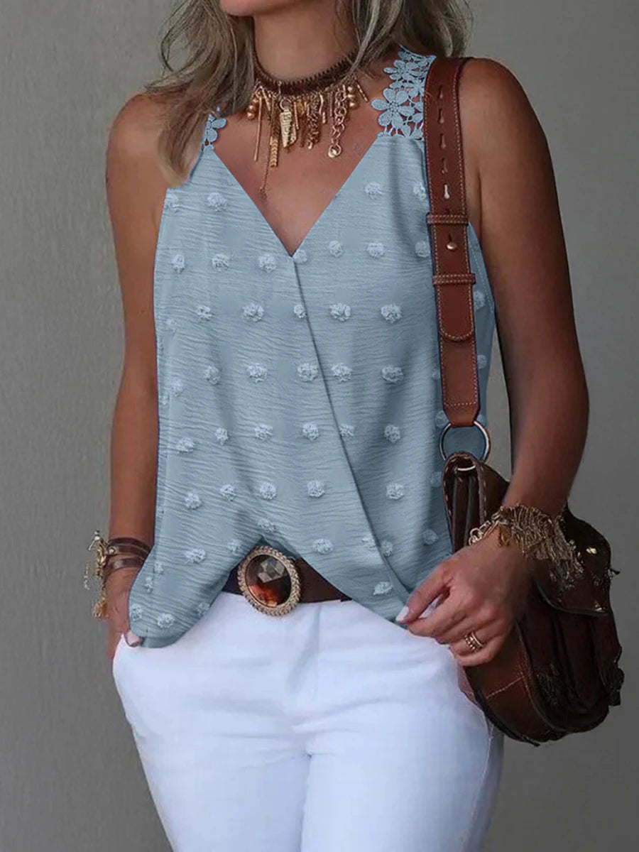 Women's V Neck Swiss Dot Tank Top Lace Trim Loose Top Casual Tank Top Spring Summer Chic Tank Top Daily Lightweight Top
