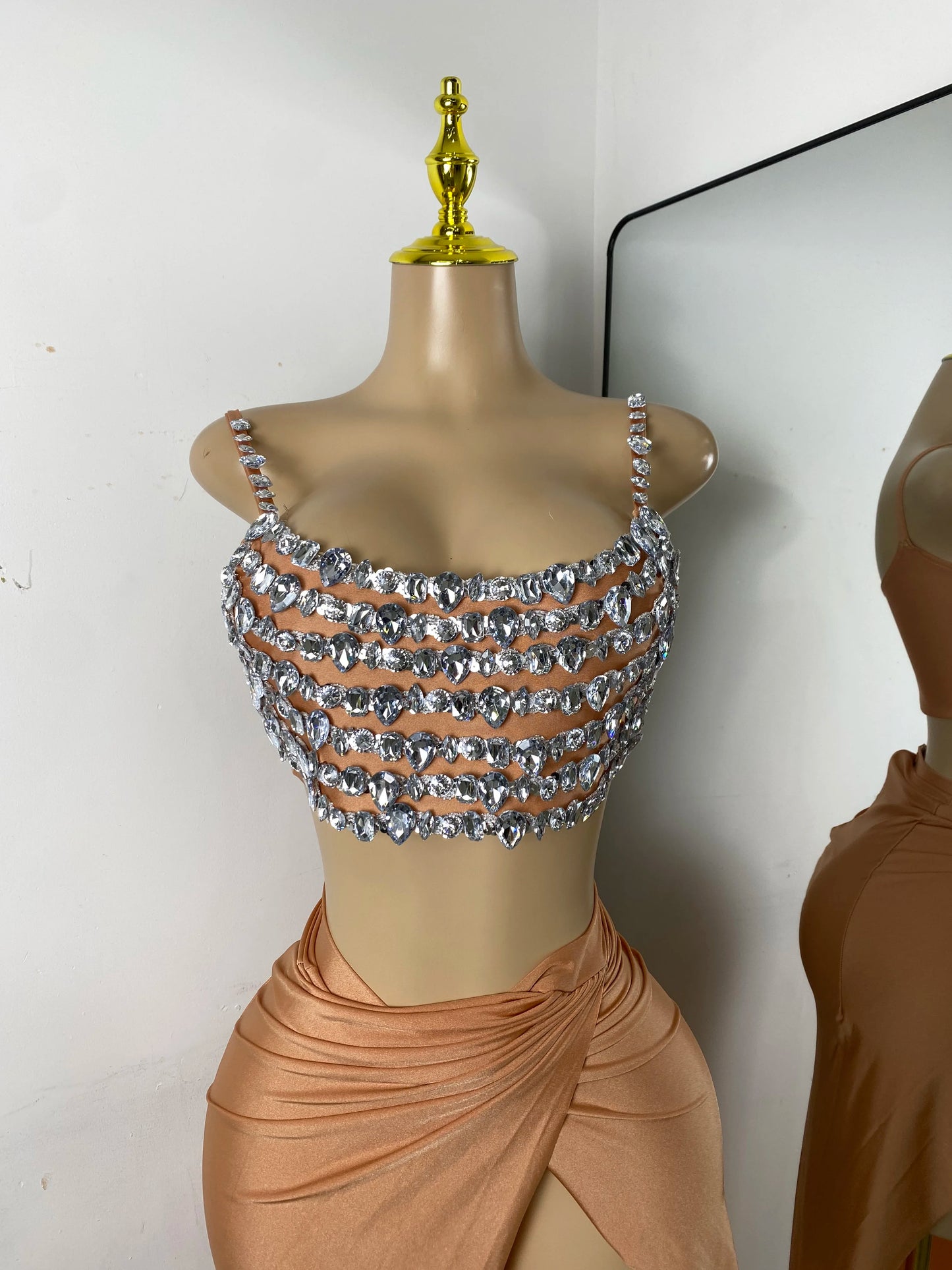 Women Sexy Sparkly Diamonds Crop Top Two Piece High Split Mesh Sheer Outfit Birthday Dress Nightclub Dancer Performance Costume