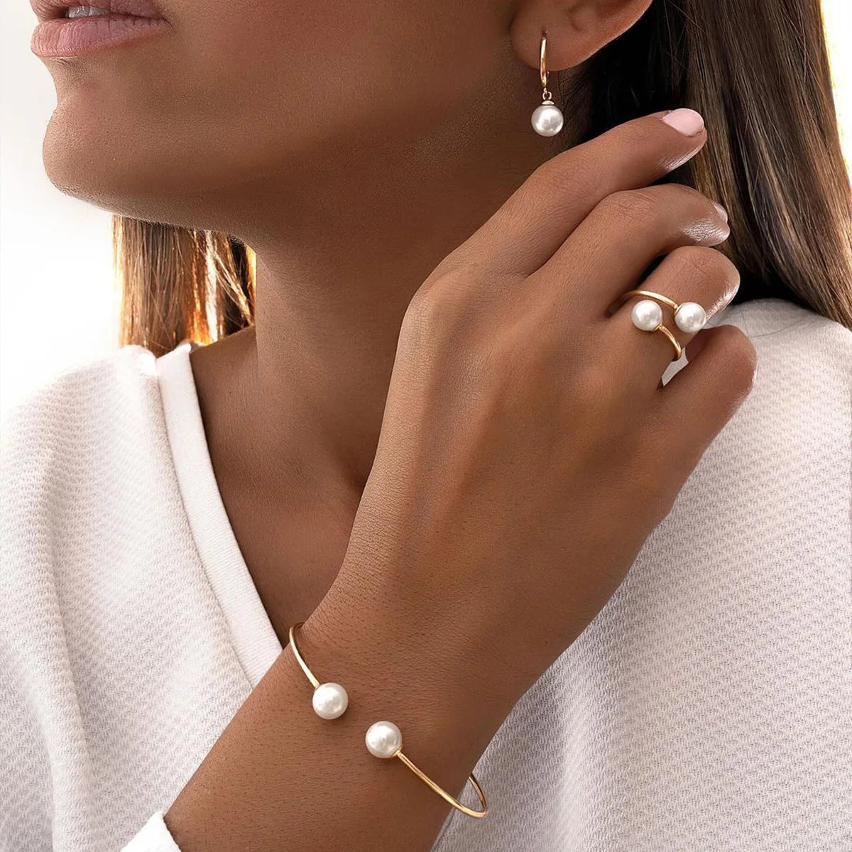 3pcs Set Fashion Minimalism Pearl Pendant Earrings Ring Opening Bangle for Women Commuting Versatile Jewelry Sets Accessory Gift