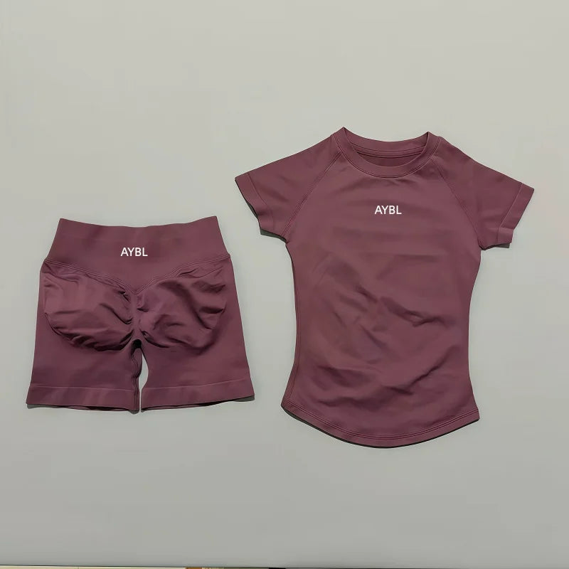 2 Pieces Sports Sets Short Sleeve Sculpt T Shirt Seamless Yoga Top Fitness Set Women