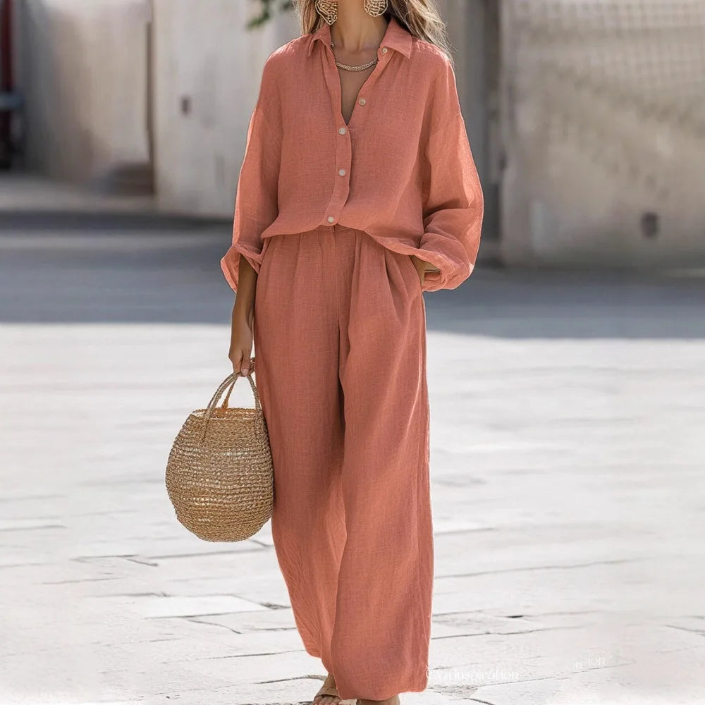 Simple Cotton Linen Women's Suits Summer Fashion Long Sleeve Loose Blouse Wide Leg Pants Two Piece Set For Women Casual Outfits