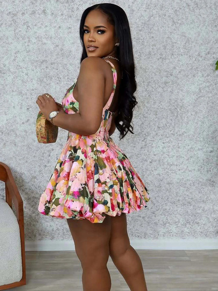 Beyprern Stylish U Neck Floral Bubble Hem Mini Dress Summer Sundress Chic Women's Sleeveless Flower Short Dress Vacation Outfits