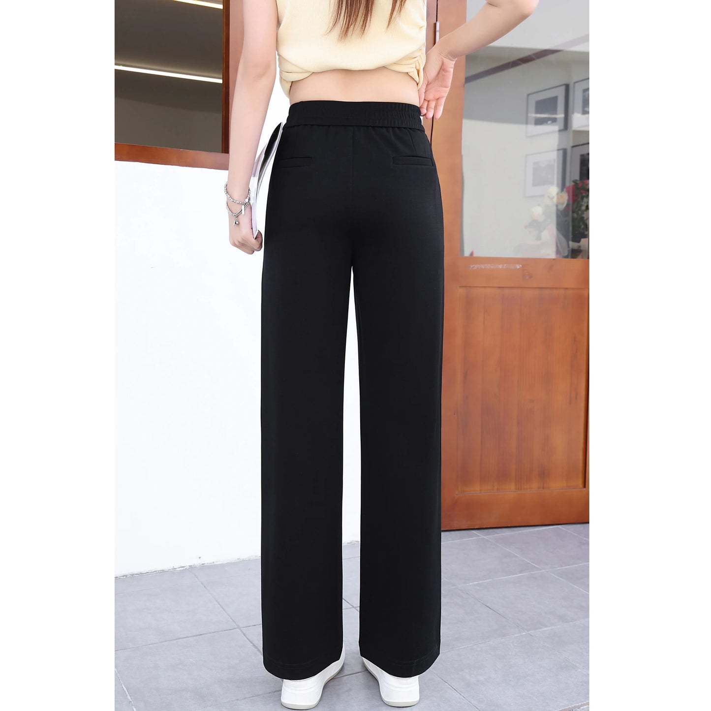 2026 New Women's Loose Straight Leg Pants in Apricot Color, Elastic Waist Modal Casual Pants, Black Wide Leg Pants