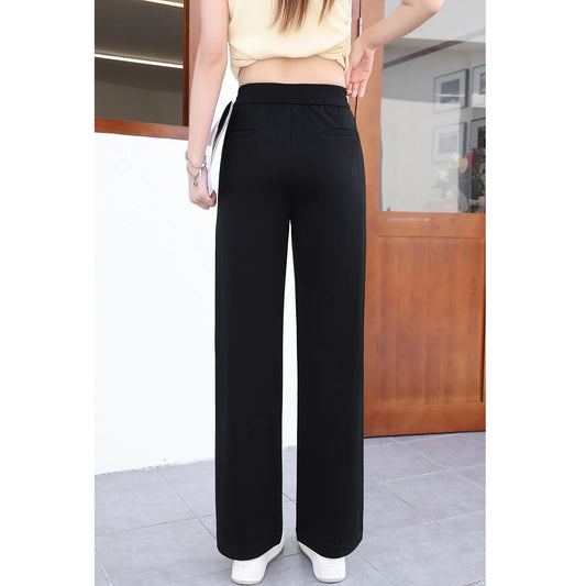 2026 New Women's Loose Straight Leg Pants in Apricot Color, Elastic Waist Modal Casual Pants, Black Wide Leg Pants
