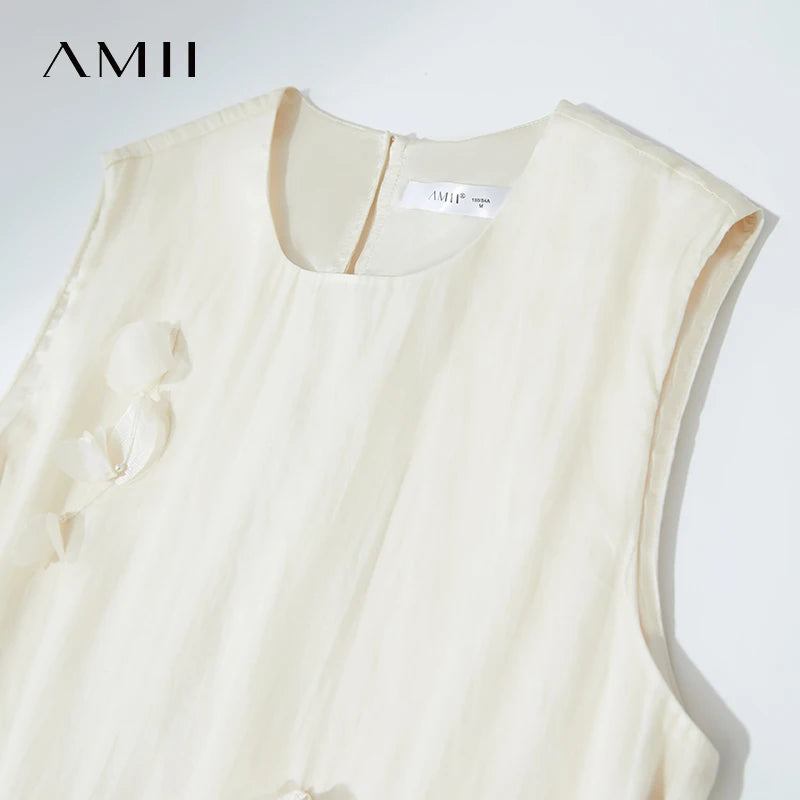 Amii Women's Dress Minimalist Solid Color Mulberry Silk Cotton Blend Sleeveless Three Dimensional Studded Flower Dress 12542104