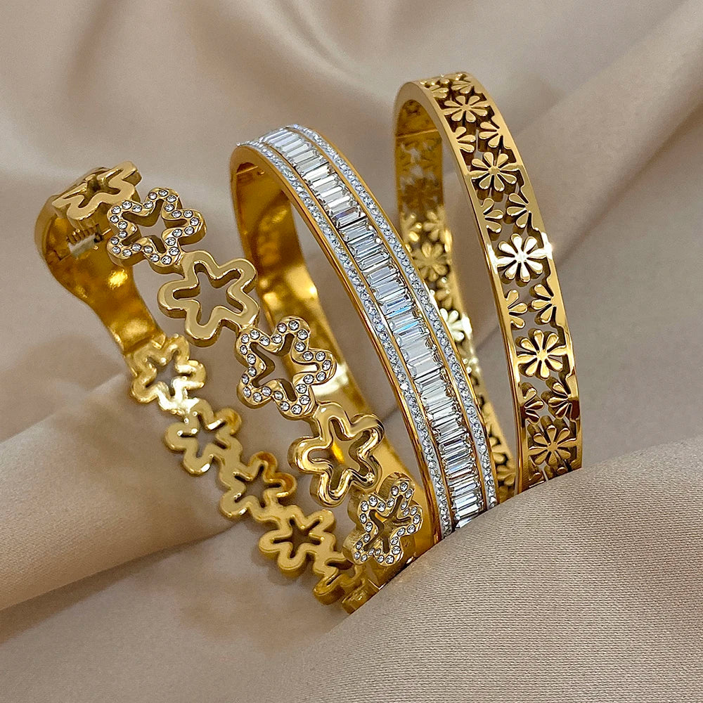 Retro Stainless Steel Hollow Flower Rhinestone Cuff Bangle Bracelet Women's Floral Waterproof Stackable Charms Jewelry Gifts