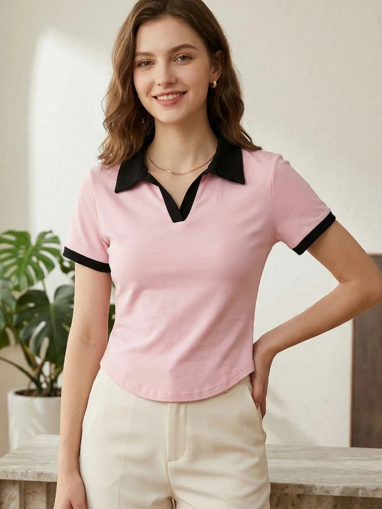 V-Neck Short Sleeve Polo Shirt Chic Slim Fit Versatile T-Shirt Sexy Crop Tops