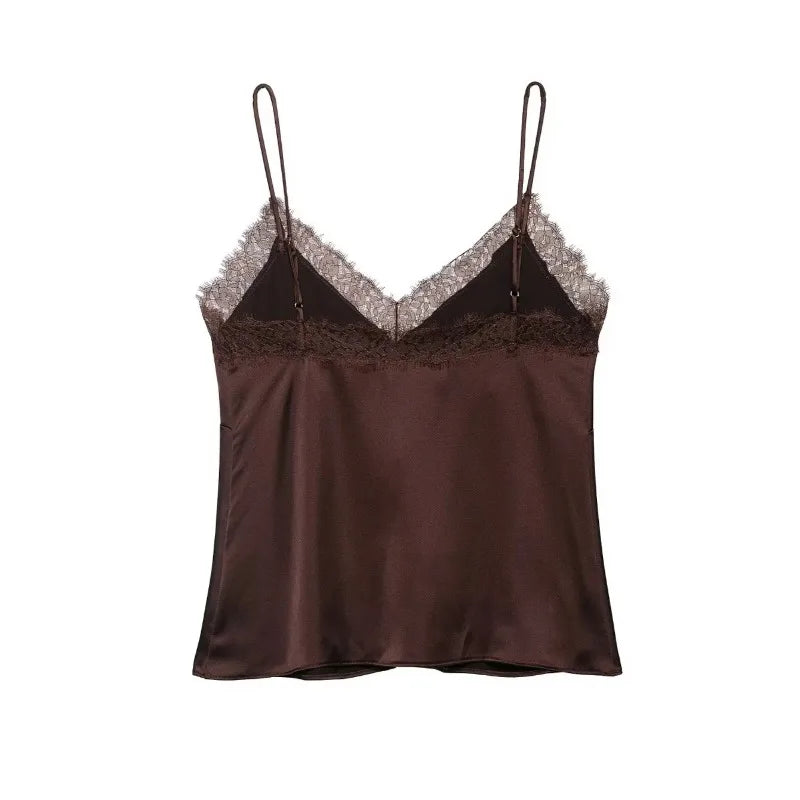Women's Summer New Solid Sexy Lace Satin Sling Tops Female Sleeveless Backless Tank Top Lady Fashion Holiday Party Short Camisol