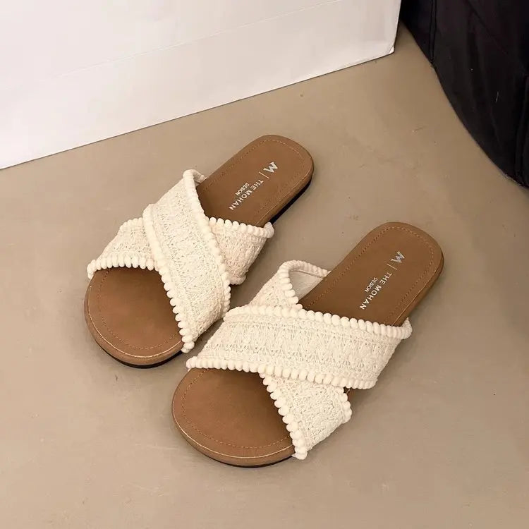 2026 New Arrival Women's Woven Cross Strap Slides – Casual Flat Sandals for Daily Street Style, Comfortable Footwear for Summer