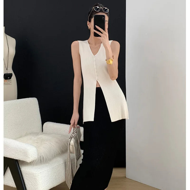 Elegant Women's Knitted Sleeveless V-Neck Cardigan Slimming Mid-Length Summer New Arrival White Pure Color Fashion Commute