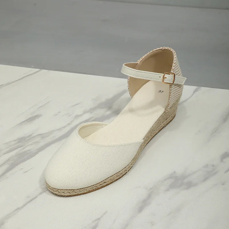 Baotou Sandals for Women's 2026 Summer Grass Woven Hemp Rope Slope Heel Shoes Women Round Toe Thick Sole Buckle Womens Sandals