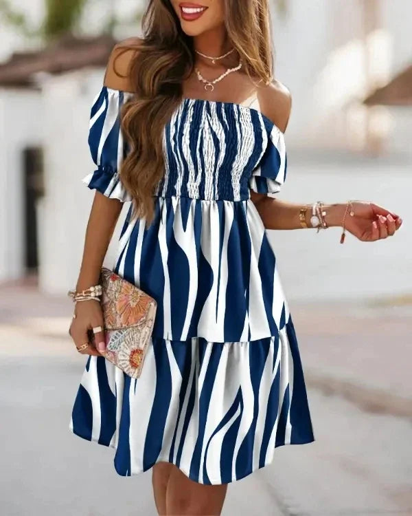 Women's Summer Short Sleeved Loose Bohemian Print Off Shoulder Pleated Mini Dress Party Dress Fashion