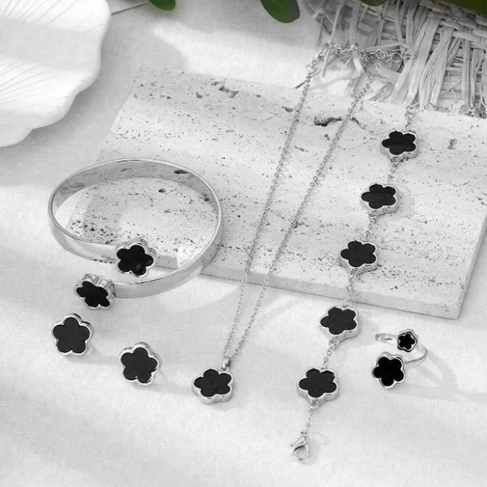 5pcs Lucky Five-petal Flower Women's Jewelry Set, Fashion Flower Bracelet + Necklace + Earrings + Bracelet + Ring, Birthday, Ann