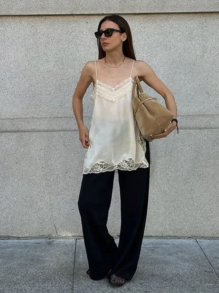 Women Lace Patchwork Sling Tops Chic Sleeveless Square Neck Backless See Through Blouse 2025 Lady Vacation Party Club Sexy Shirt