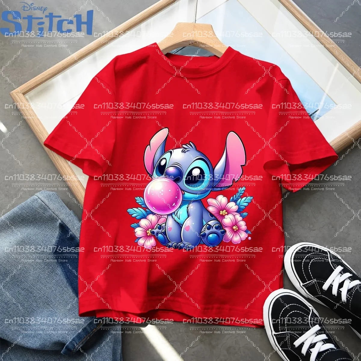 2026 Disney Children's Clothing, Stitch Cartoon Printed T-shirt, Round Neck Top for Boys and Girls, Soft Cotton Fabric Top