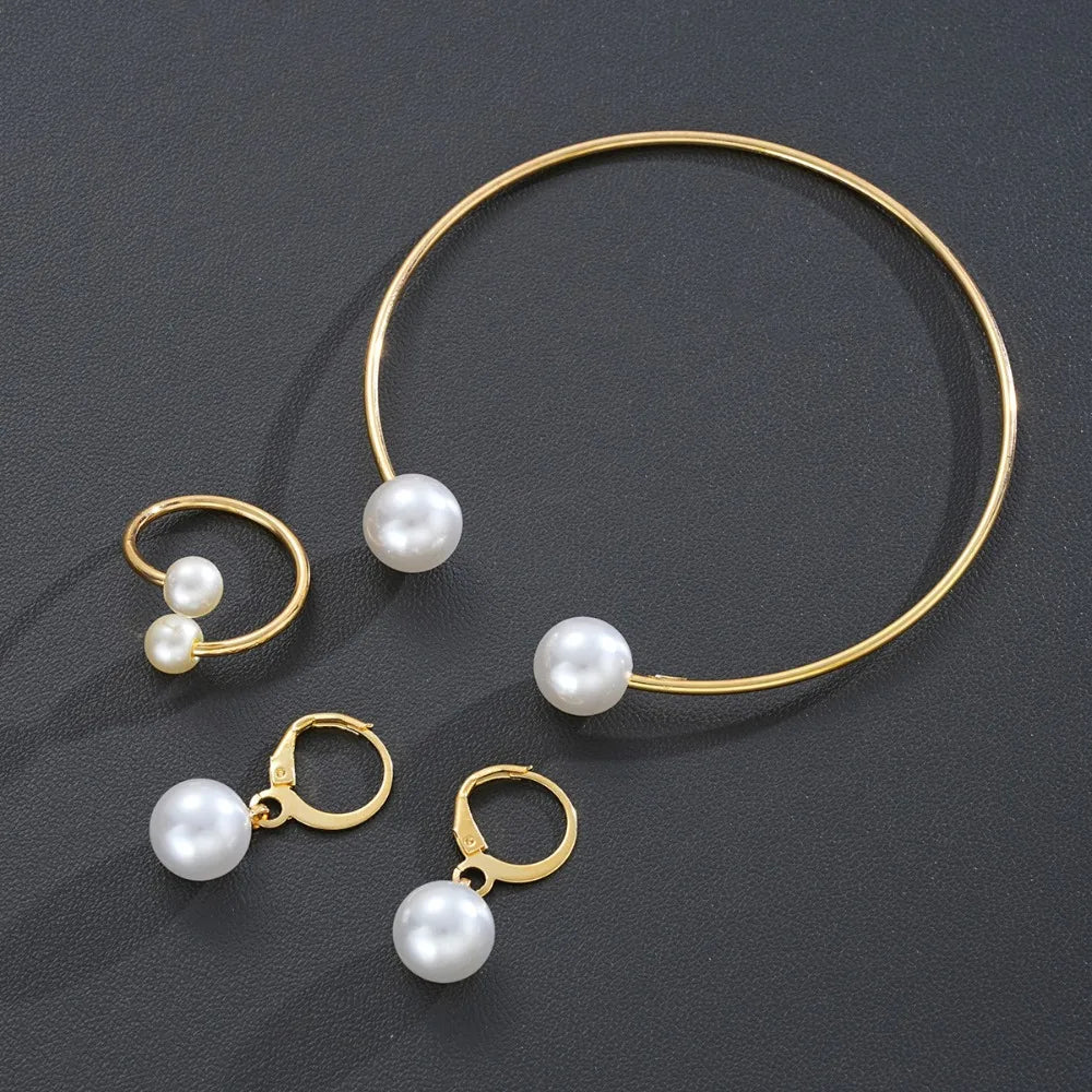 3pcs Set Fashion Minimalism Pearl Pendant Earrings Ring Opening Bangle for Women Commuting Versatile Jewelry Sets Accessory Gift
