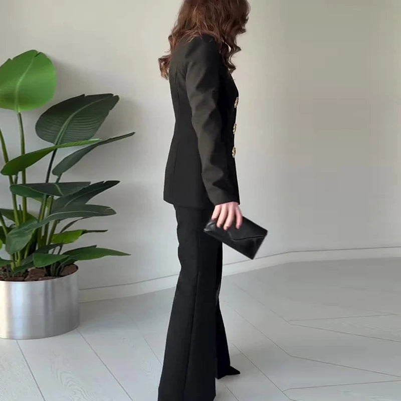 Casual High Waist Commute Outfits Fashion Long Sleeve Button Blazer&Suit Pants Sets Office Lady Solid Color Slim Two Piece Sets