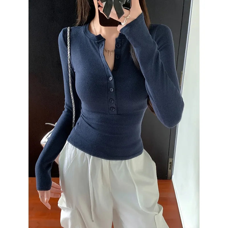 Women's Slim Fit Y2K Long Sleeve T-Shirt Solid Color Stretch Base Layer Top Woman 2026 Spring Autumn Button Knitted Ribbed Tee