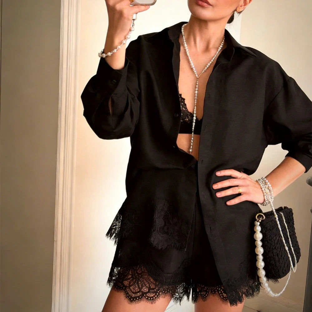 2026 New Summer Women's Lace Patchwork Shirt Shorts Two-piece