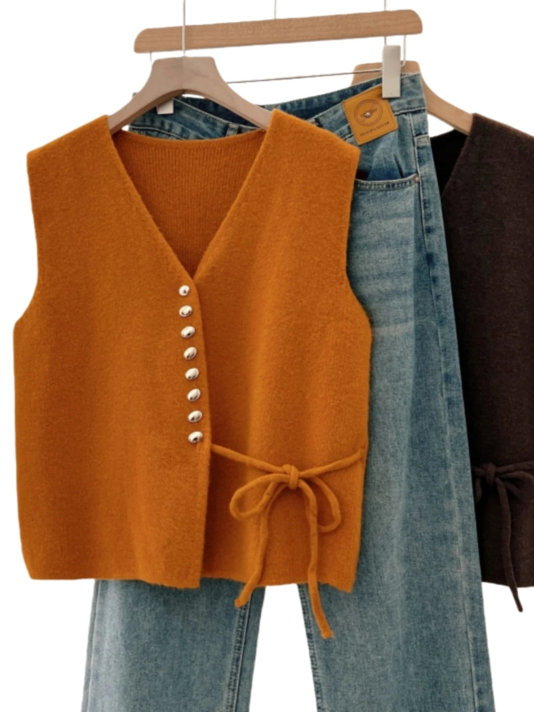 V-Neck Knitted Open Cardigan Vest Women's Outerwear Spring Autumn plus Size Slimming High-End Feelings Belted Short Top