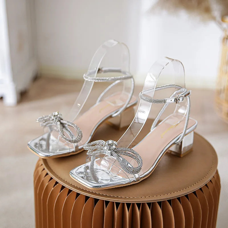 Buckle Strap 2026 Sandals Clear Heels Comfort Shoes for Women Square Toe Large Size Suit Female Beige New Bow Big Summer Block R