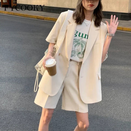 Korean Loose 2 Piece Women Short Set with Blazer Summer