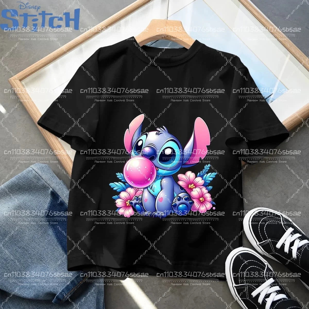 2026 Disney Children's Clothing, Stitch Cartoon Printed T-shirt, Round Neck Top for Boys and Girls, Soft Cotton Fabric Top