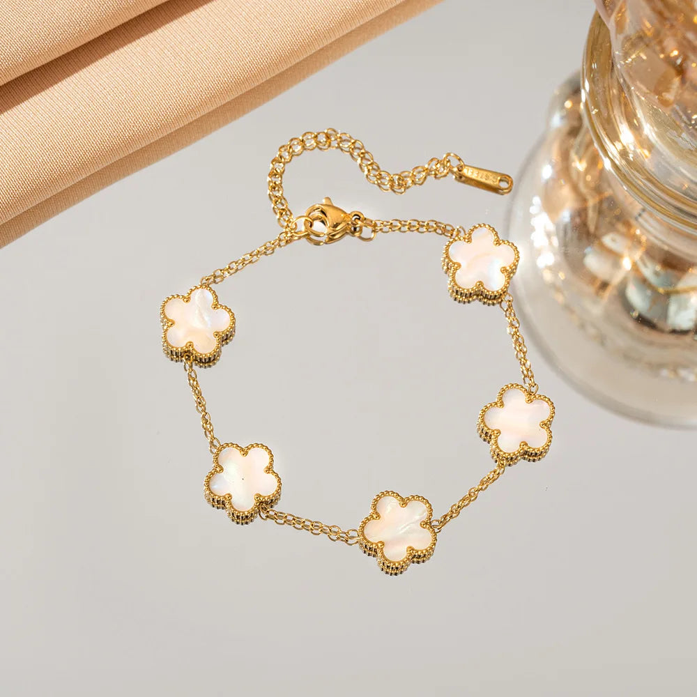 Double Sided Five-Leaf Flower Bracelet For Women Adjustable 18k Plated Gold Stainless Steel Five Point Star Clover Party Jewelry