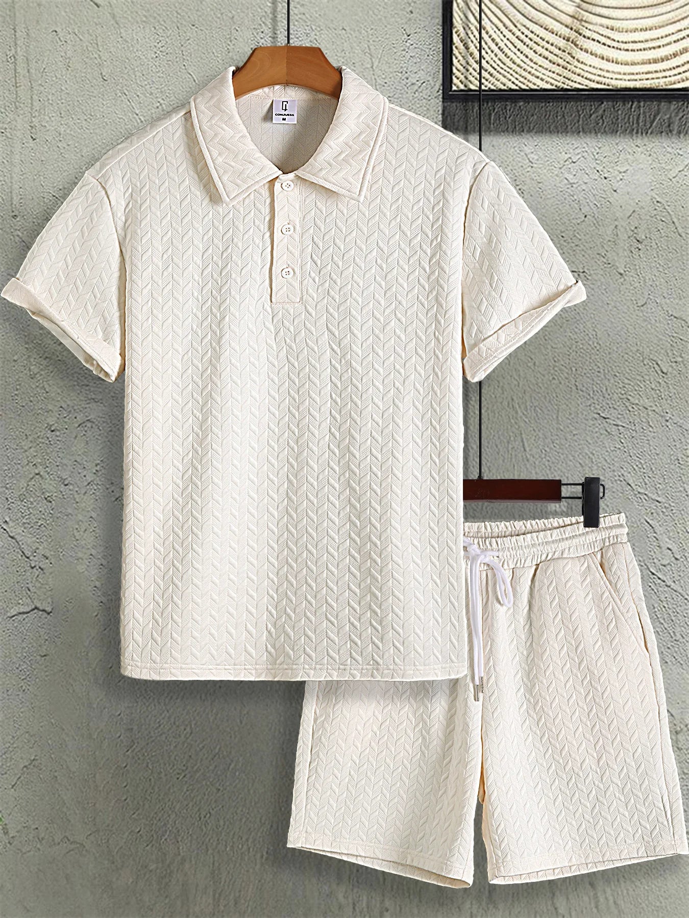 Men's Minimal Textured Set, Solid Color Jacquard Polo Shirt & Matching Shorts for Smart Casual Wear