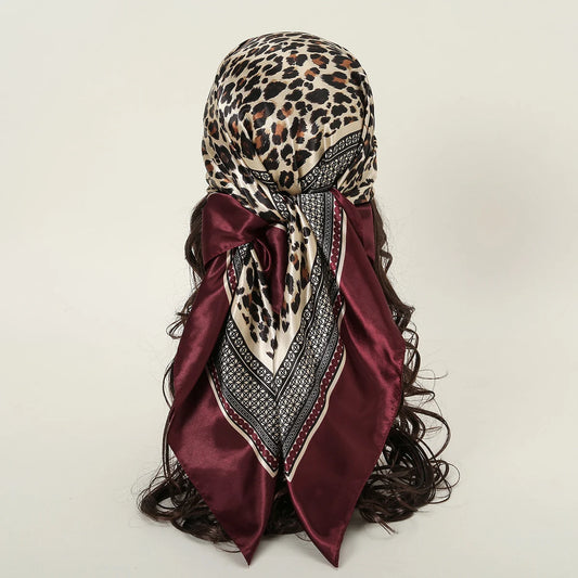 90cm Leopard Print Square Scarf Satin Silk Headband Muslim Woman Hijab Lady Fashion Hairwrap Rock Style Headscarf Islam Foulard