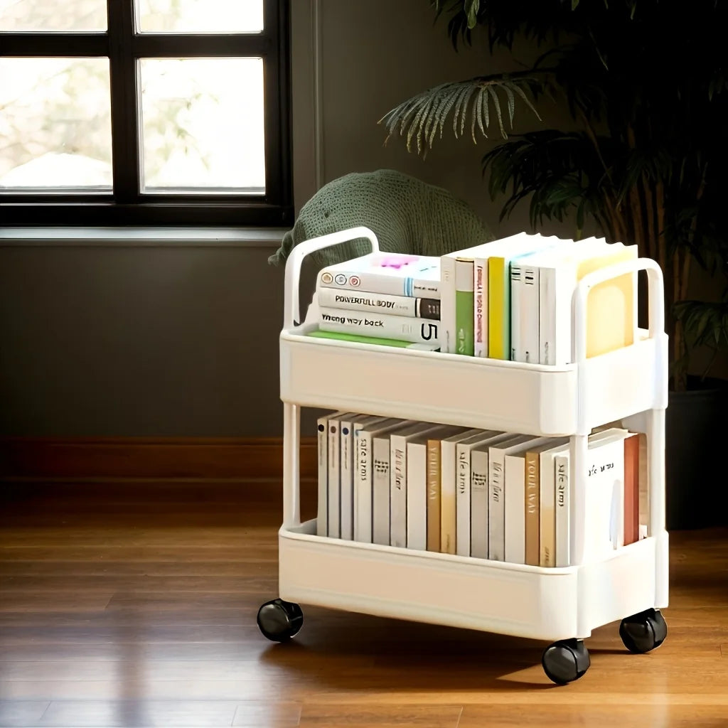 2-Tier Rolling Cart with Wheels, Removable Shelves & Hooks, Multipurpose Organizer for Kitchen, Office, Bathroom, Bedroom