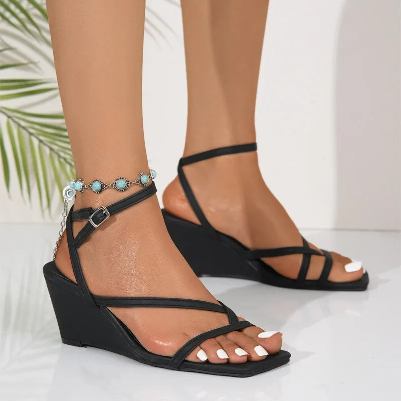 Luxury Rome Black High Heels Sandals Women 2026 Summer Square Toe Gladiator Sandalias Woman Ankle Straps Thick Heeled Pumps