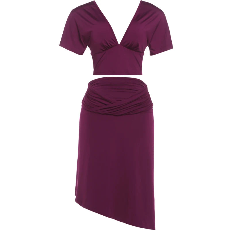 Nibber Daily 2 Piece Set Woman V-Neck Backless Short Sleeve Crop Tops+A-Line Low Waist Mid Skirts Ruched Elegant Casual Suits