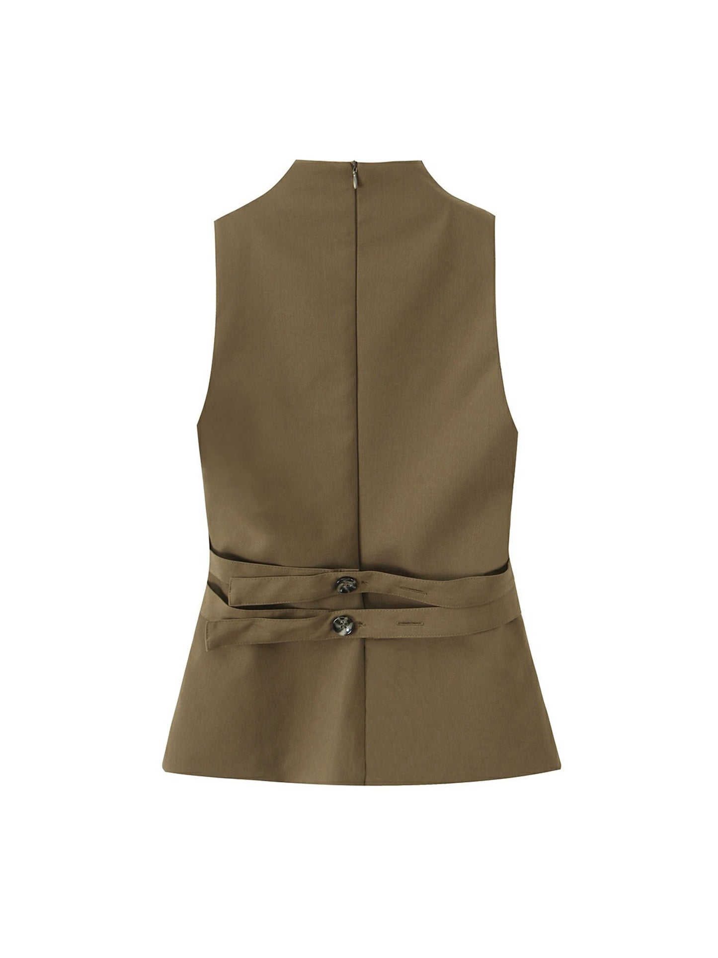 Women Top New Fashion Sleeveless O-Neck Waist-Cinching Lotus Leaf Hem Double-Breasted Top Women Sexy Elegant Vest